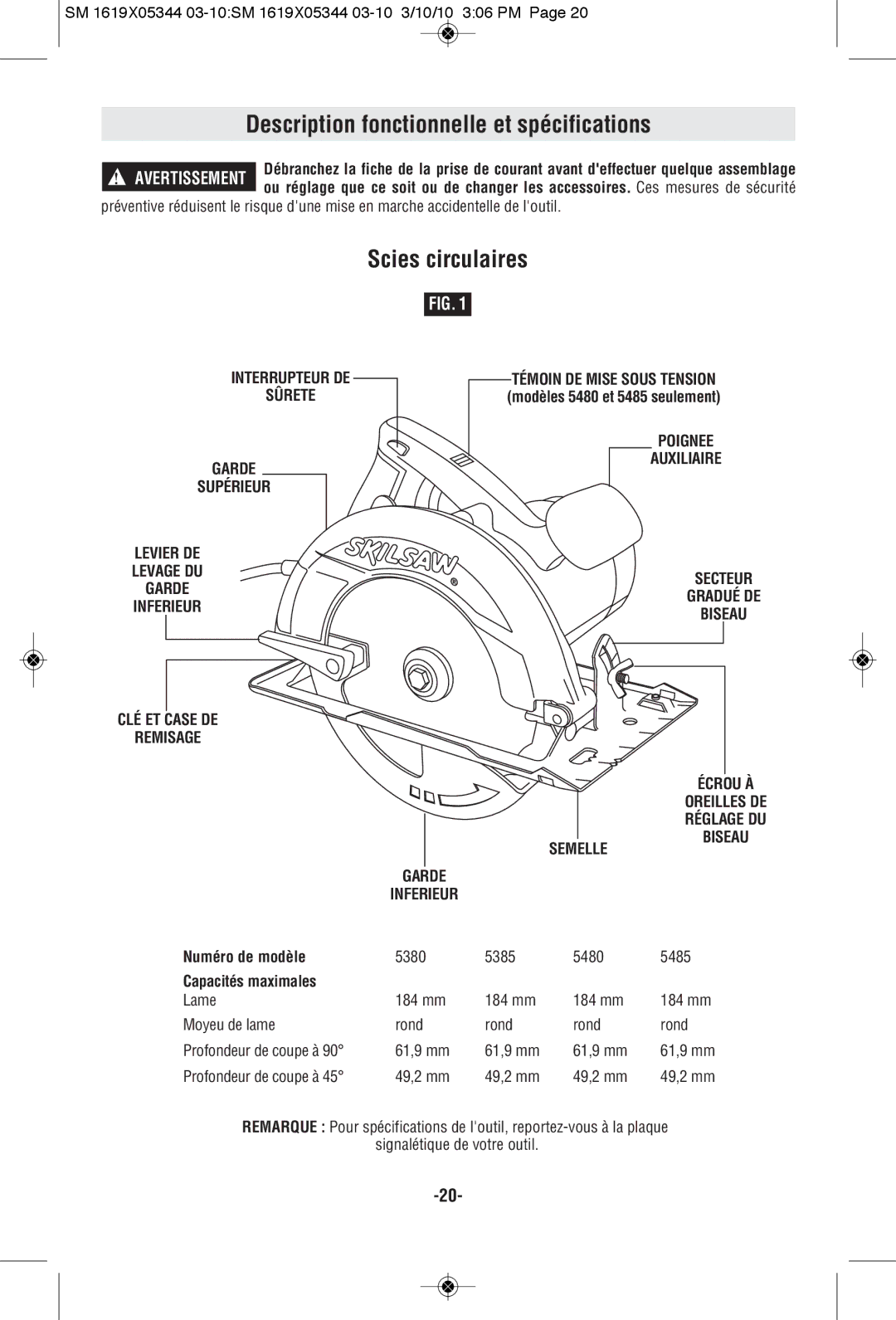 Skil 5480 Description fonctionnelle et spécifications, Scies circulaires, Poignee Auxiliaire Secteur Gradué DE Biseau 