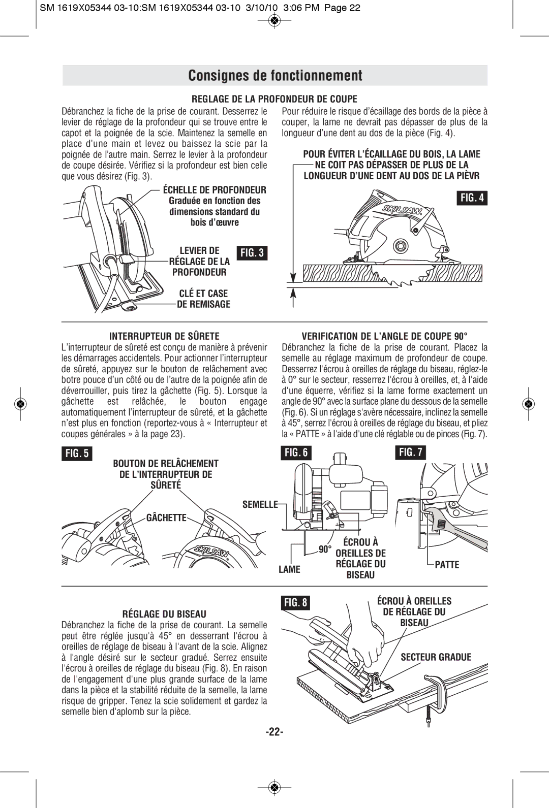 Skil 5380, 5480, 5385, 5485 Consignes de fonctionnement, Reglage DE LA Profondeur DE Coupe, Verification DE L’ANGLE DE Coupe 