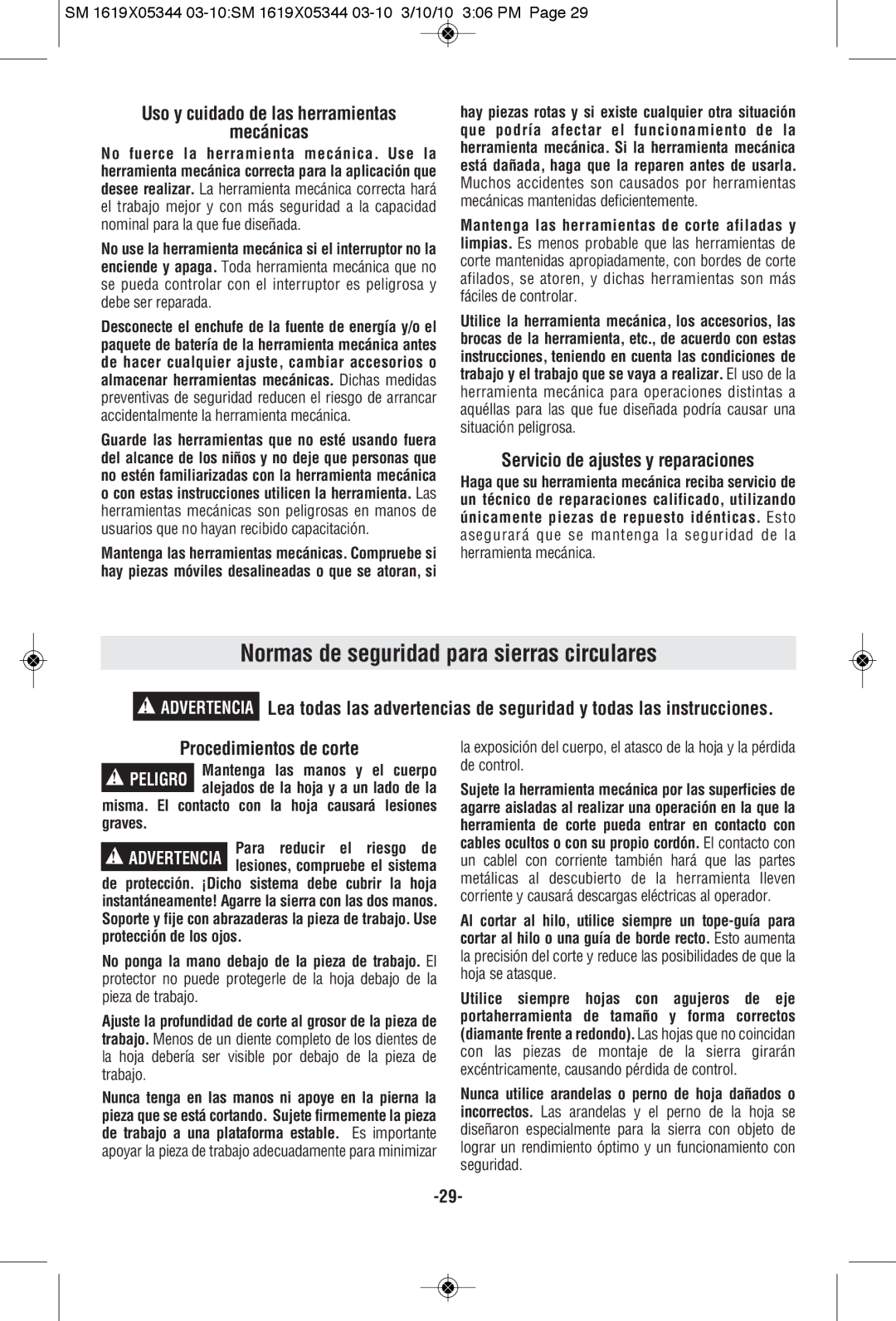 Skil 5385, 5480, 5380, 5485 manual Normas de seguridad para sierras circulares, Mecánicas, Servicio de ajustes y reparaciones 