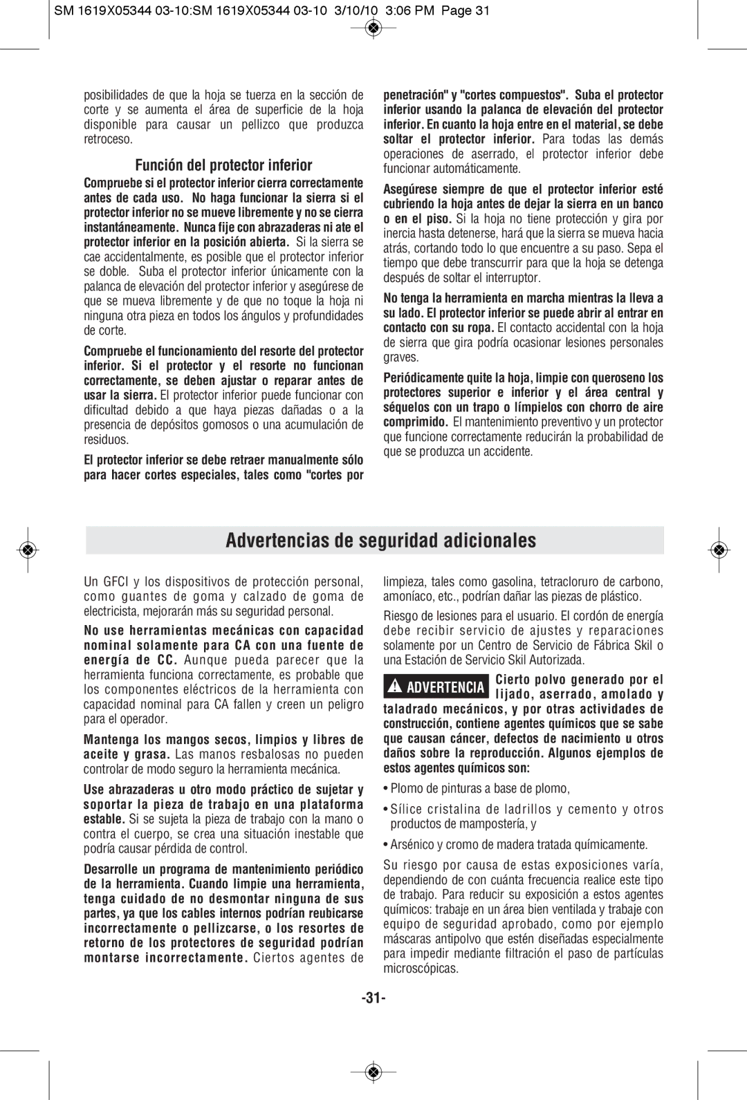 Skil 5485, 5480, 5385, 5380 manual Advertencias de seguridad adicionales, Función del protector inferior 