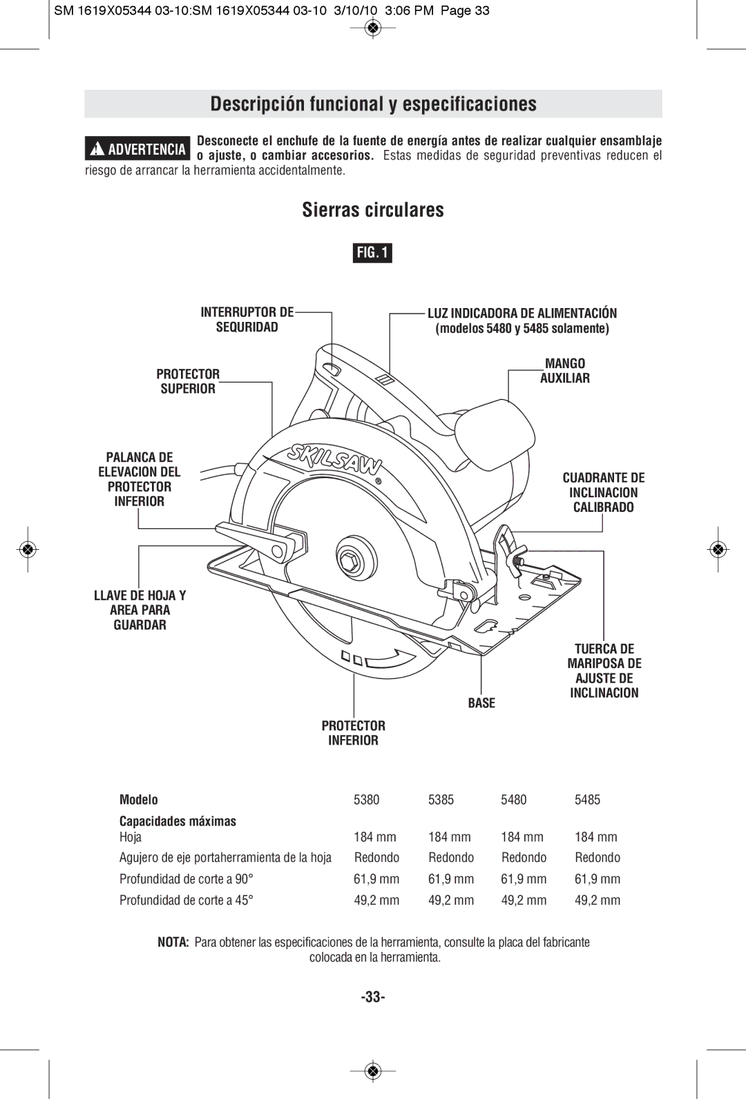 Skil 5385, 5480, 5485 manual Descripción funcional y especificaciones, Sierras circulares, Modelo 5380 Capacidades máximas 