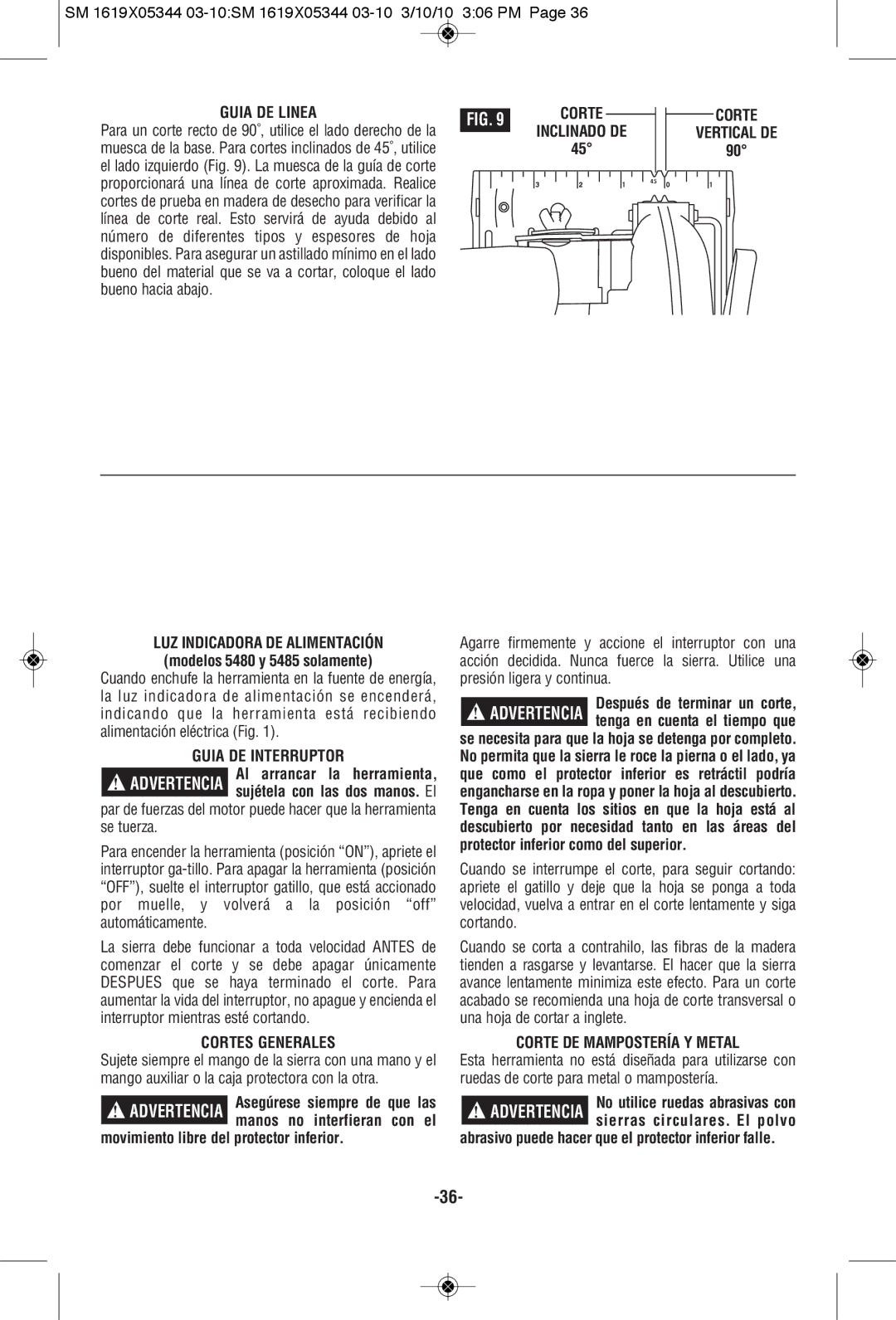 Skil 5480, 5385, 5380, 5485 manual Guia DE Linea, Guia DE Interruptor, Cortes Generales, Corte DE Mampostería Y Metal 