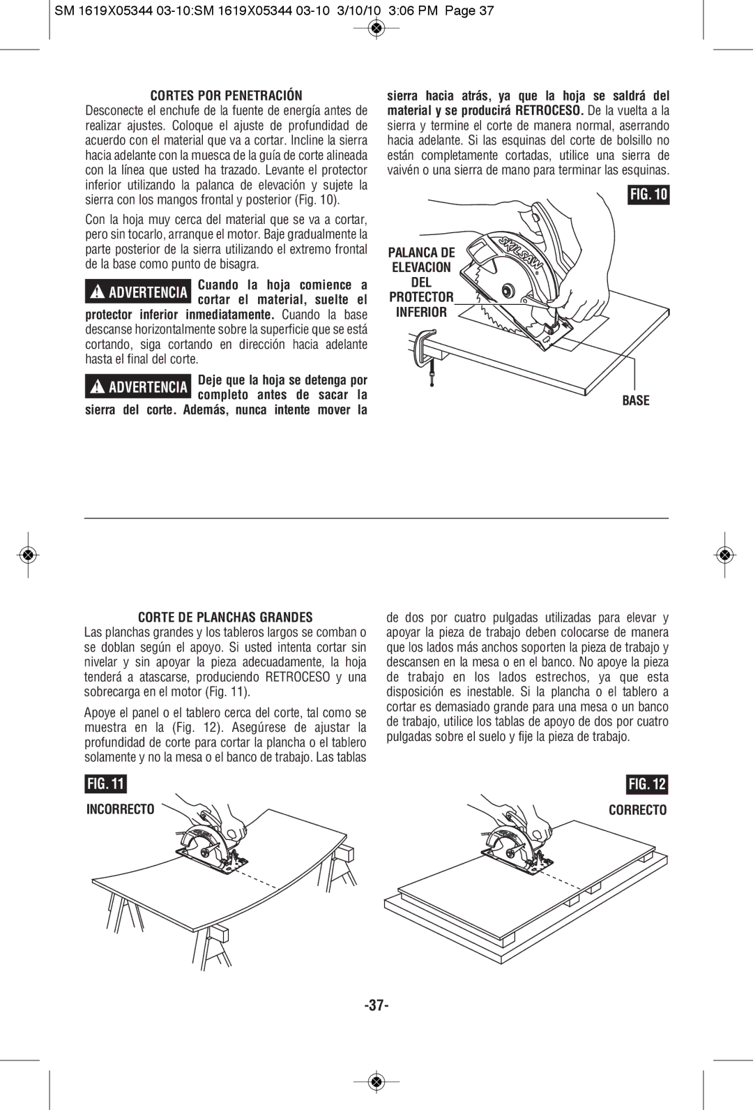 Skil 5385, 5480, 5380, 5485 manual Cortes POR Penetración, Sacar, Incorrecto 