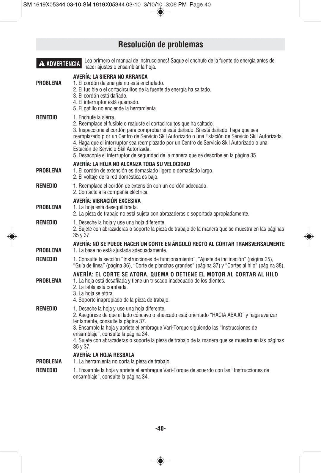 Skil 5480, 5385, 5380 Resolución de problemas, Avería LA Sierra no Arranca, Avería LA Hoja no Alcanza Toda SU Velocidad 