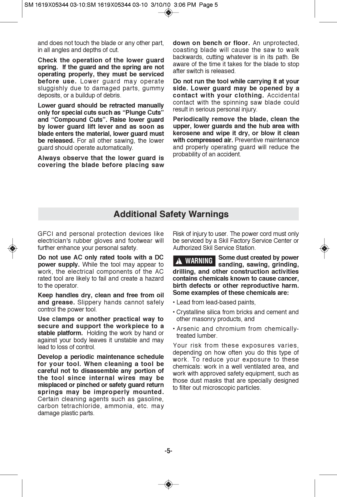 Skil 5385, 5480, 5380, 5485 manual Additional Safety Warnings 