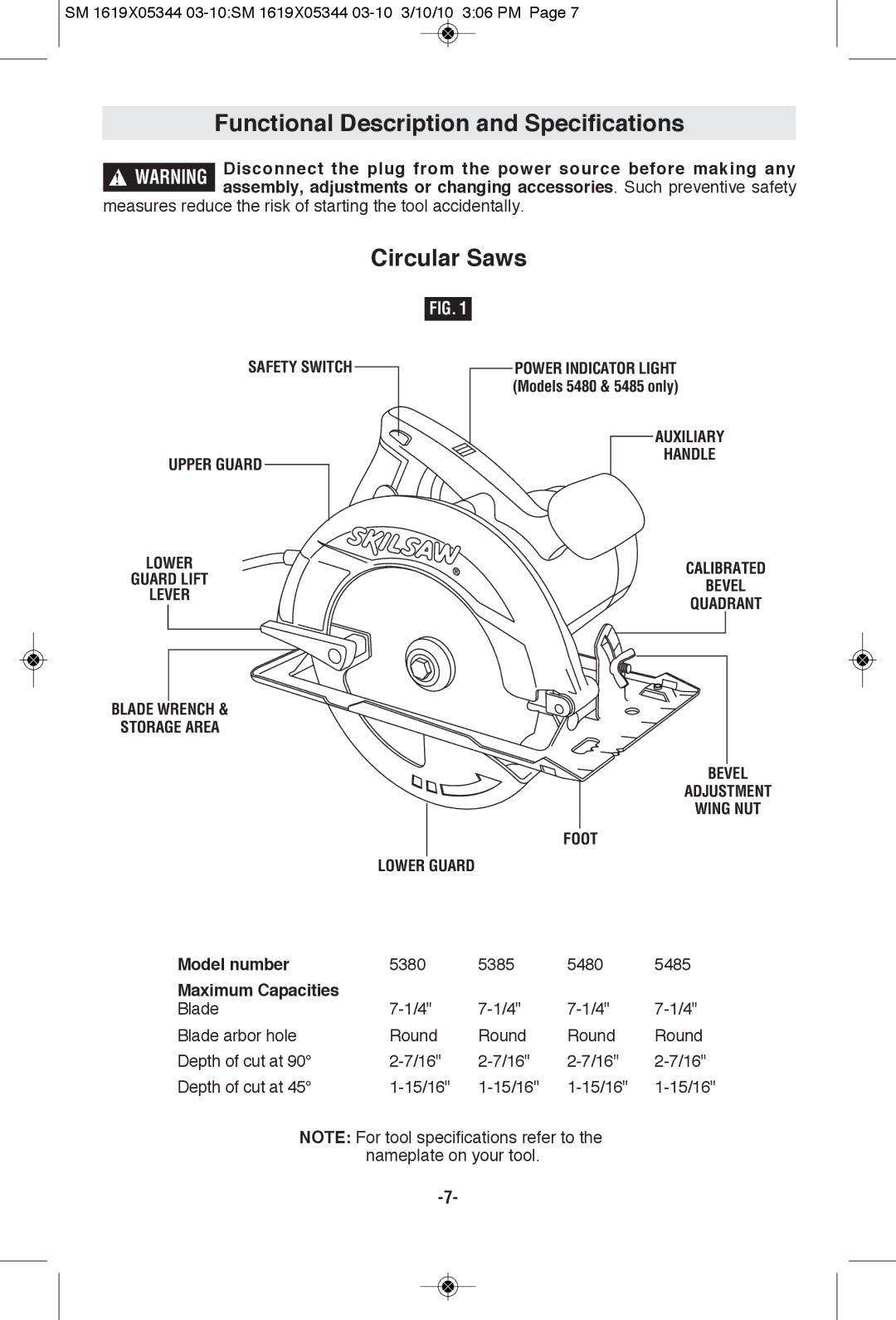 Skil 5485, 5480, 5385, 5380 manual Functional Description and Specifications, Power Indicator Light, Upper Guard 