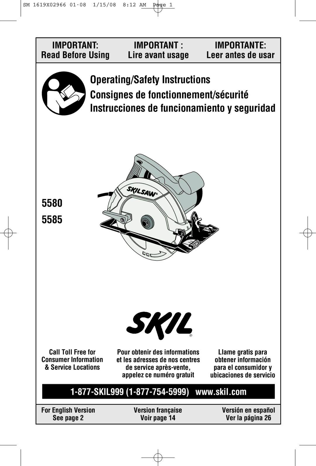 Skil 5585 manual Leer antes de usar, For English Version Version française, Call Toll Free for, See Voir Ver la página 