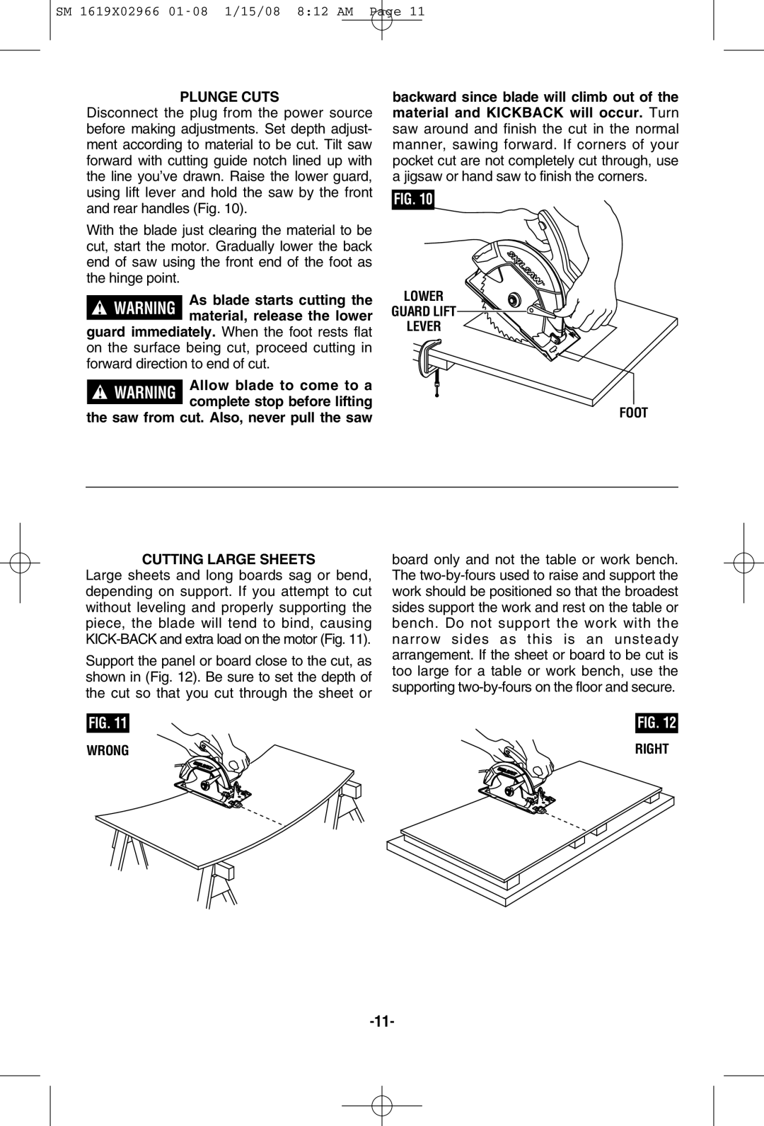 Skil 5585, 5580 manual Plunge Cuts, Lower Guard Lift Lever Foot Cutting Large Sheets, Wrong Right 