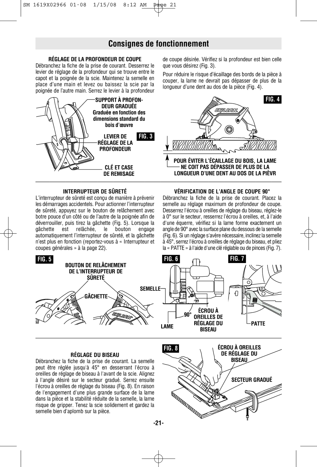 Skil 5585, 5580 manual Consignes de fonctionnement, Réglage DE LA Profondeur DE Coupe, Support À Profon Deur Graduée 