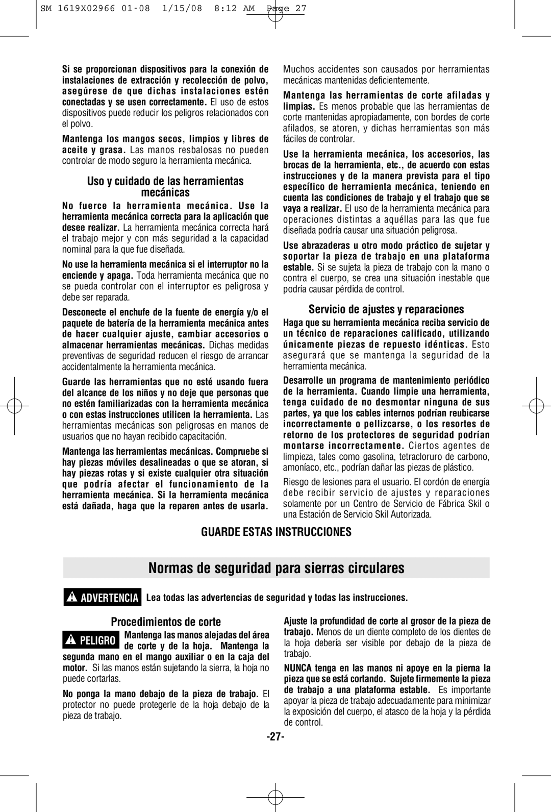 Skil 5585, 5580 manual Normas de seguridad para sierras circulares, Mecánicas, Servicio de ajustes y reparaciones 