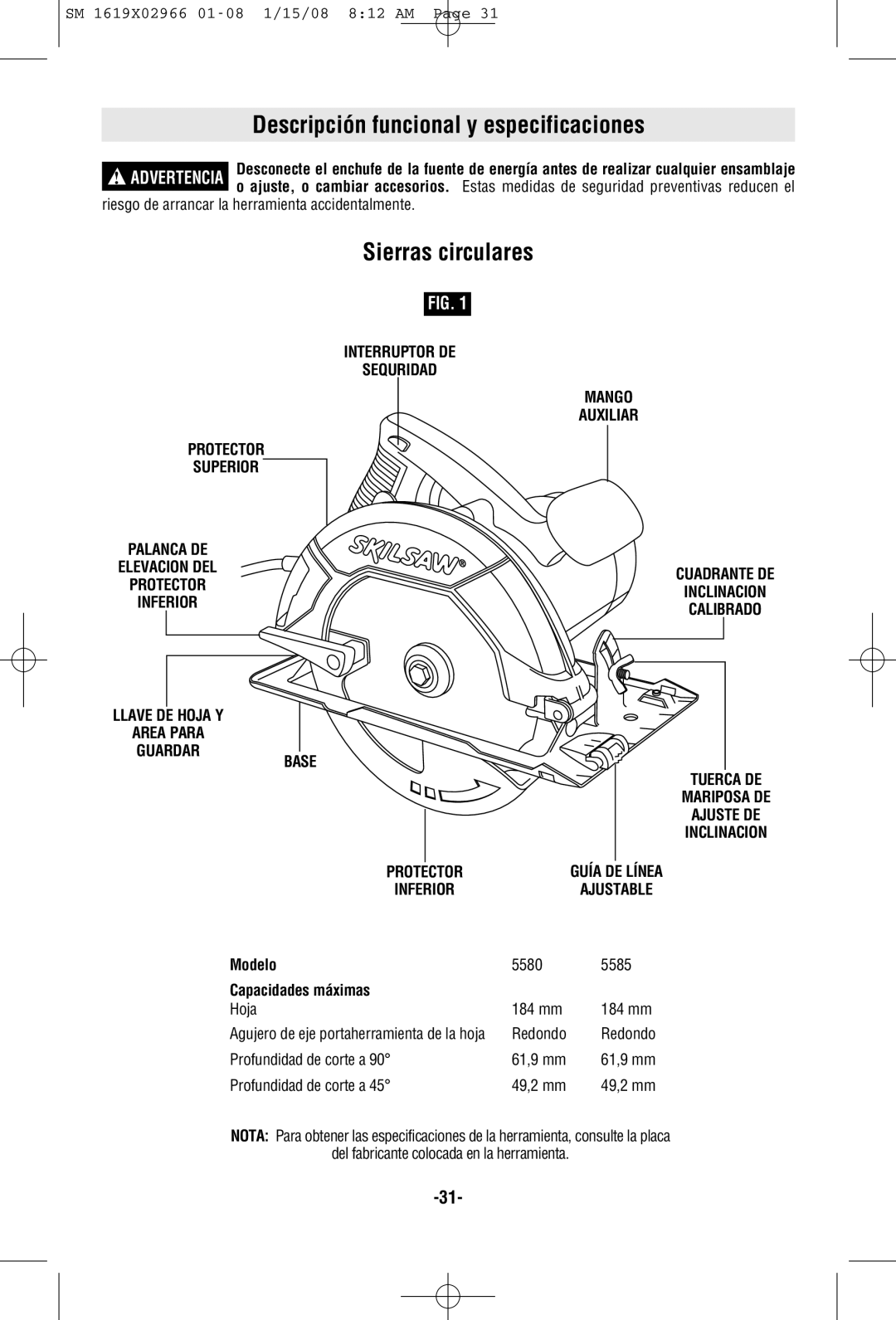 Skil 5585, 5580 manual Descripción funcional y especificaciones, Sierras circulares, Modelo, Capacidades máximas 