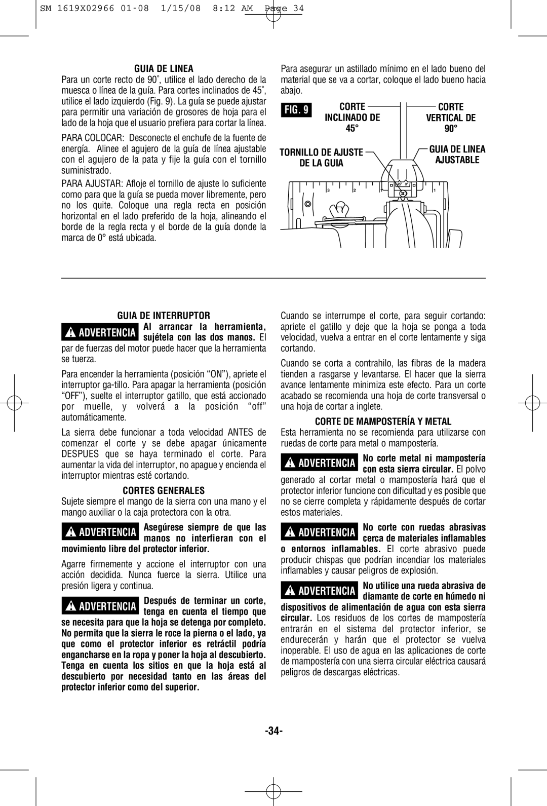 Skil 5580, 5585 Guia DE Linea, Cortes Generales, Movimiento libre del protector inferior, Corte DE Mampostería Y Metal 