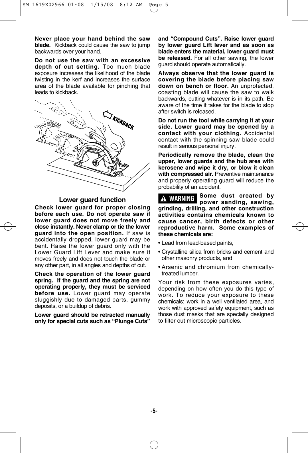 Skil 5585, 5580 manual Lower guard function 