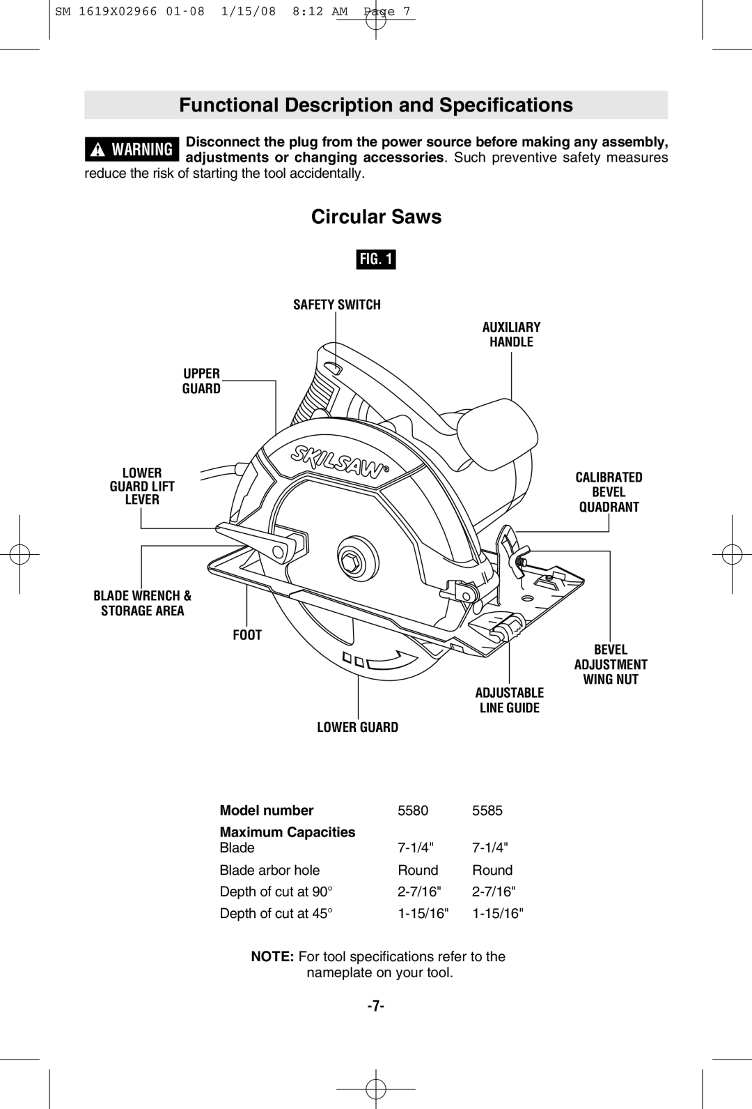 Skil 5585, 5580 manual Functional Description and Specifications, Circular Saws, Safety Switch Upper Auxiliary Handle Guard 