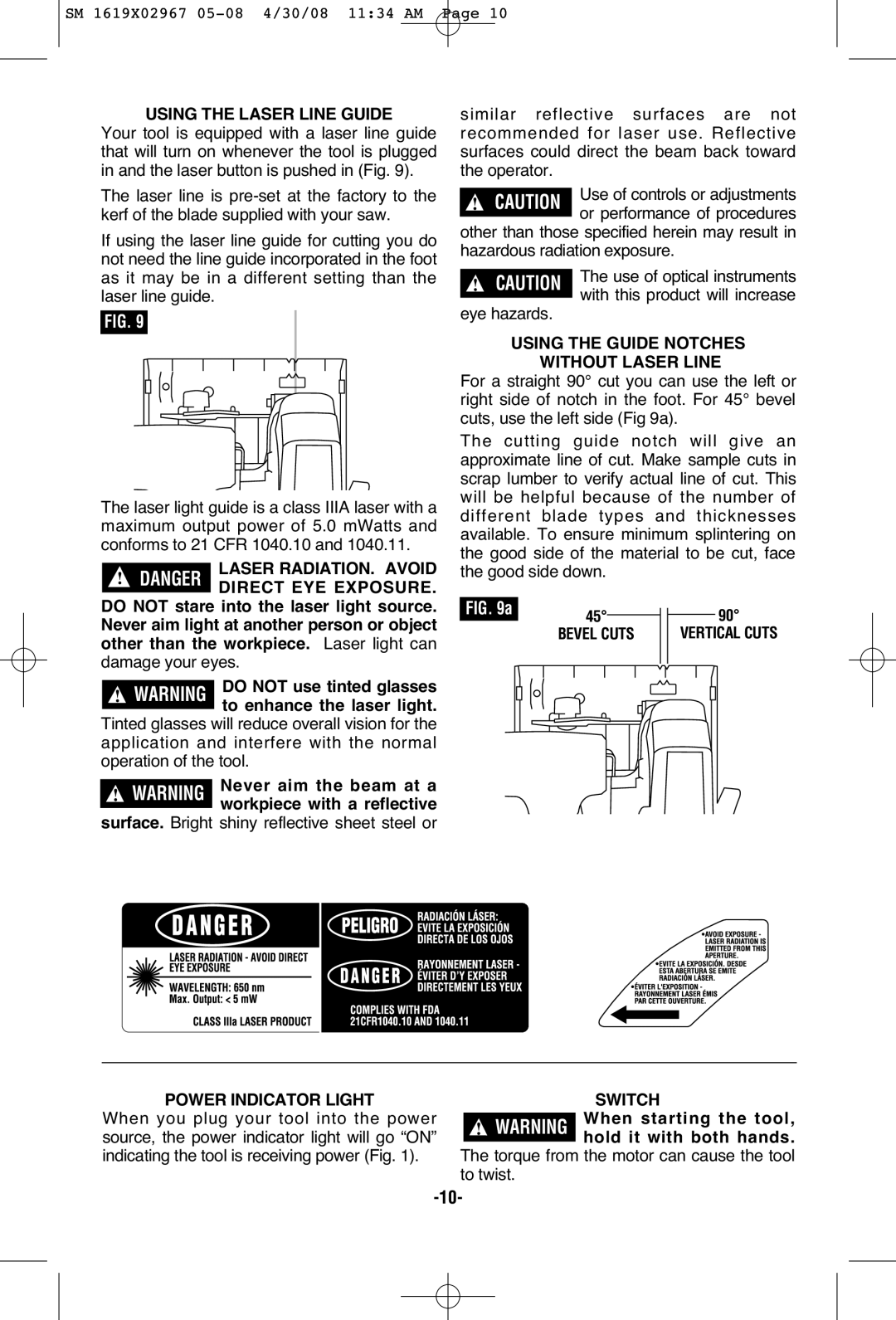 Skil 5680 Using the Laser Line Guide, Using the Guide Notches, Without Laser Line, Laser RADIATION. Avoid, Bevel Cuts 