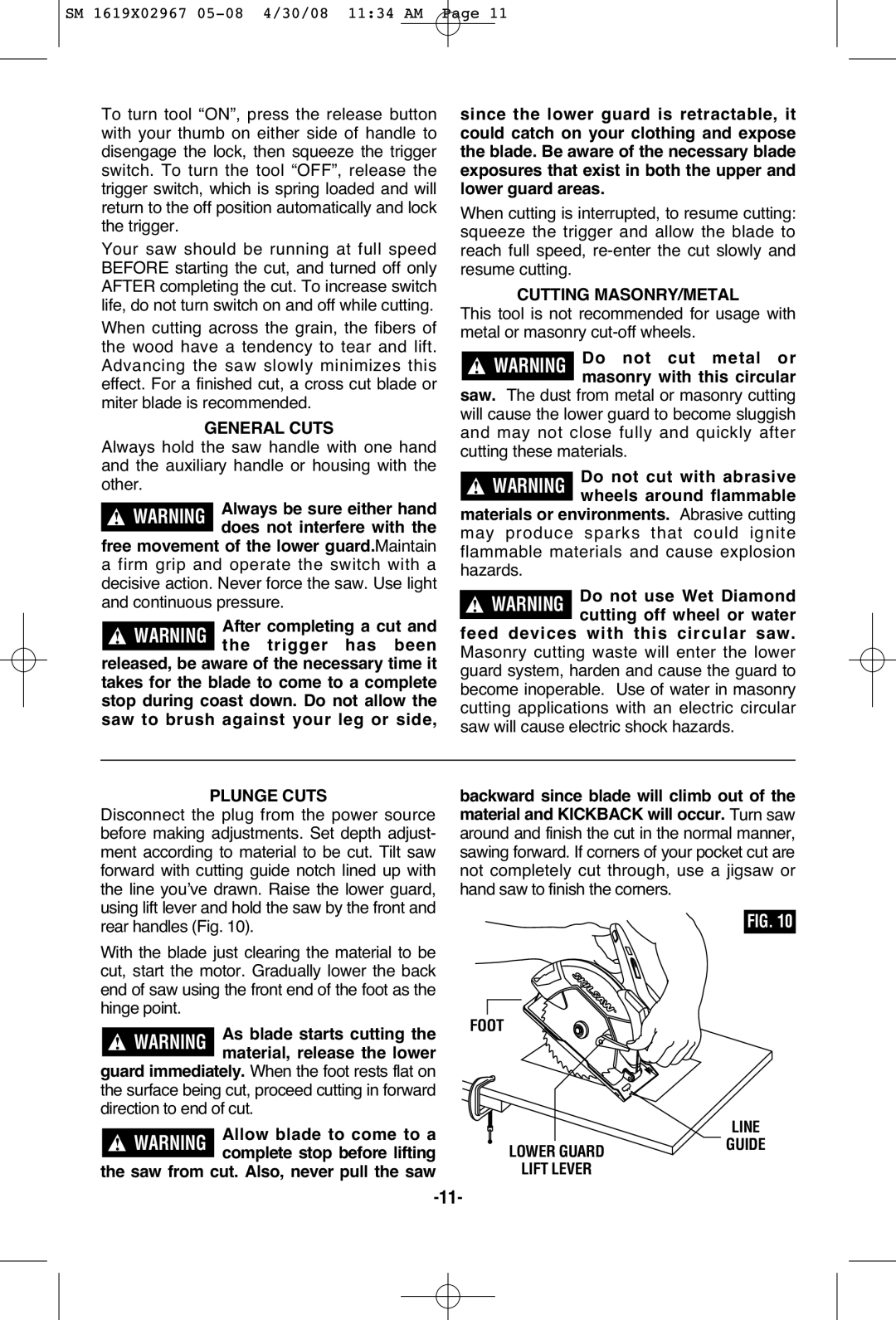 Skil 5680 manual Cutting MASONRY/METAL, General Cuts, Plunge Cuts, Guide, Line 