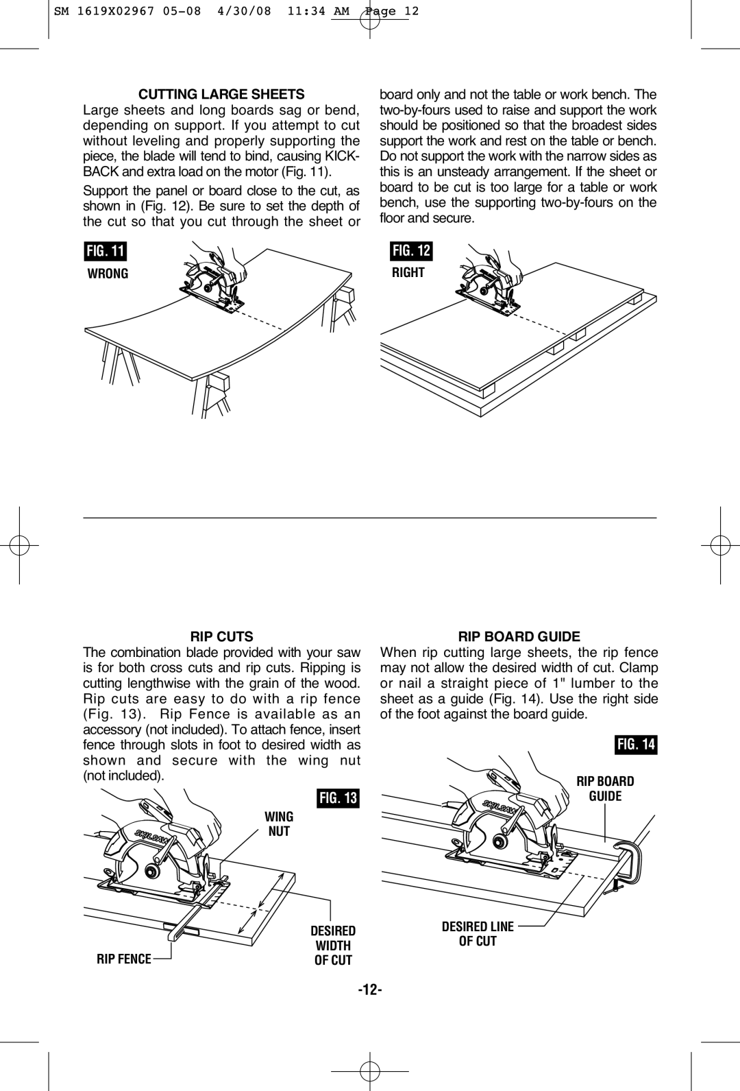 Skil 5680 manual Cutting Large Sheets, Wrong Right RIP Cuts, Wing NUT RIP Board Guide, RIP Fence 