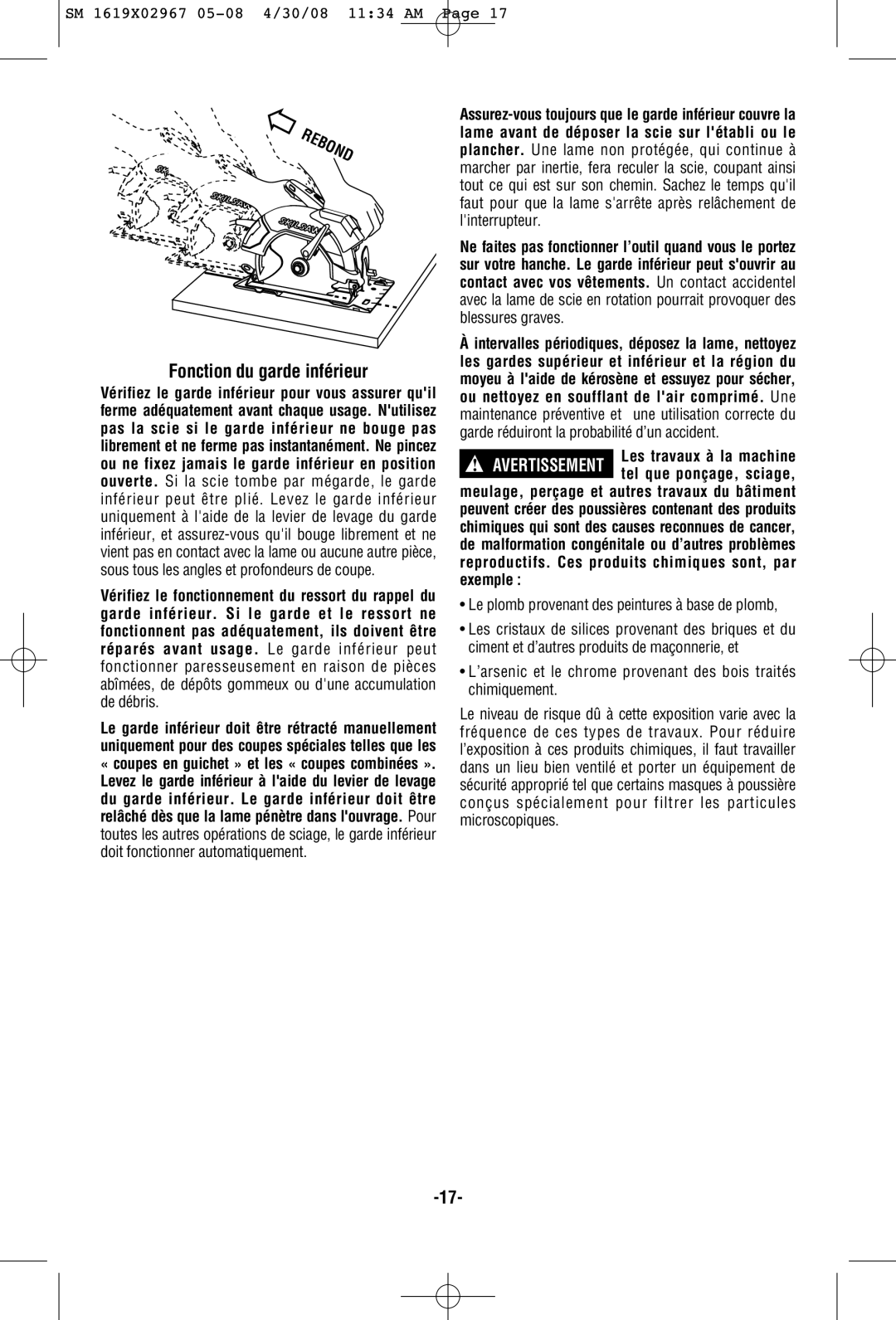 Skil 5680 manual Fonction du garde inférieur, Le plomb provenant des peintures à base de plomb 