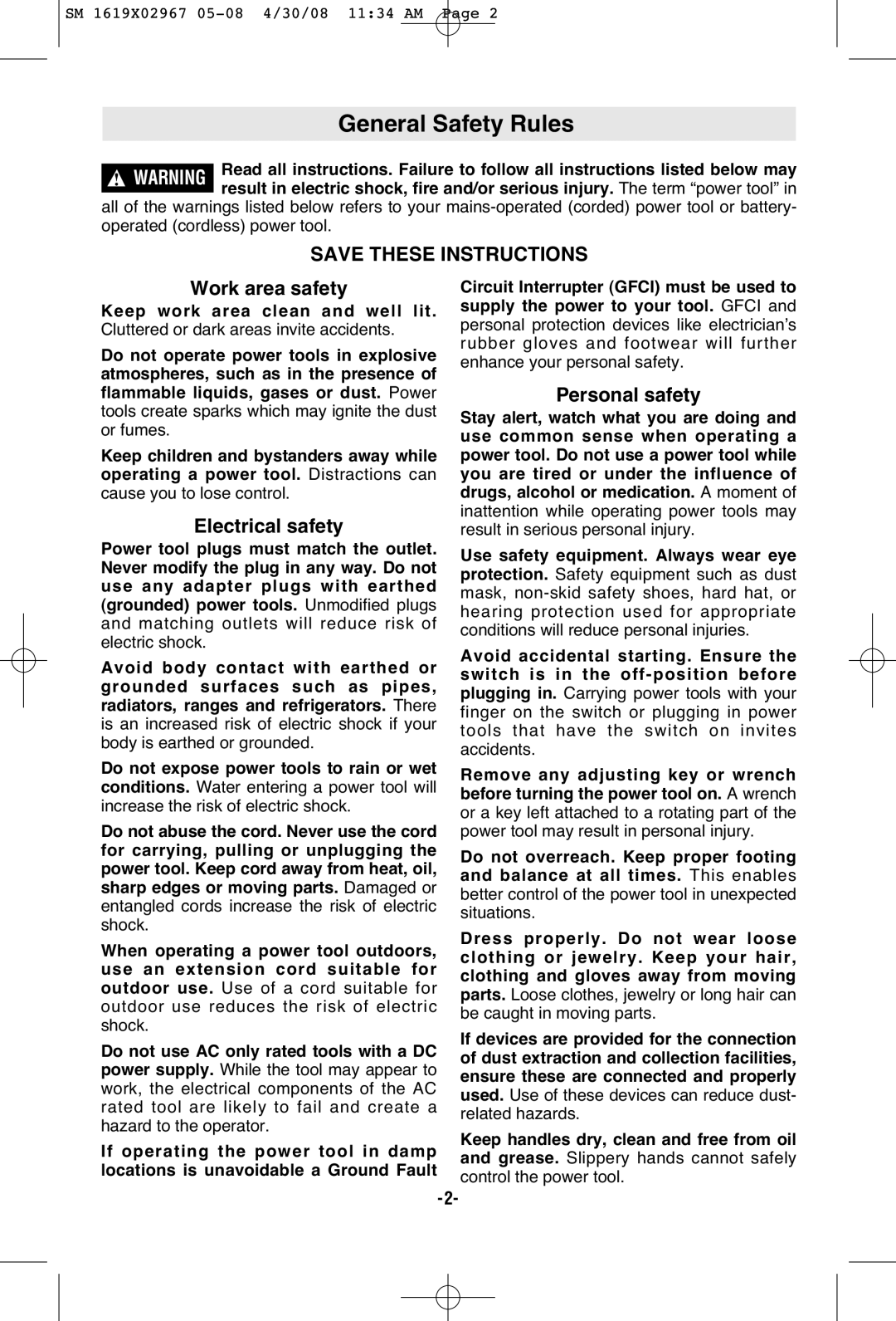 Skil 5680 manual General Safety Rules, Work area safety, Personal safety, Electrical safety 