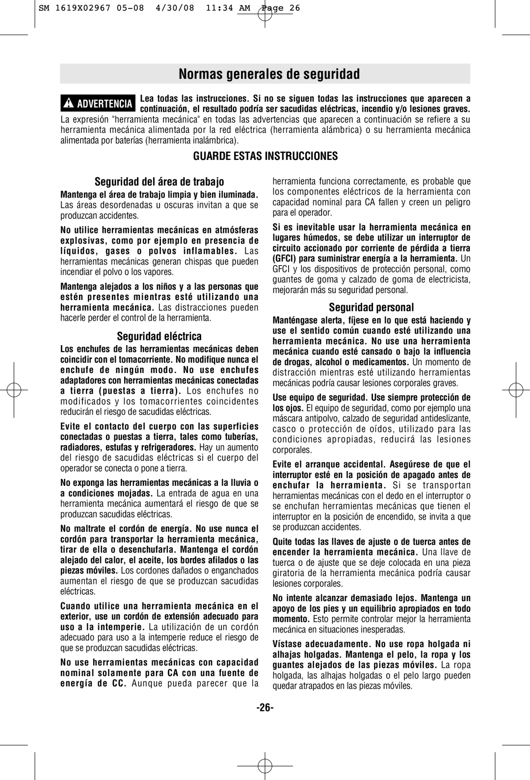 Skil 5680 manual Normas generales de seguridad, Seguridad del área de trabajo, Seguridad eléctrica, Seguridad personal 