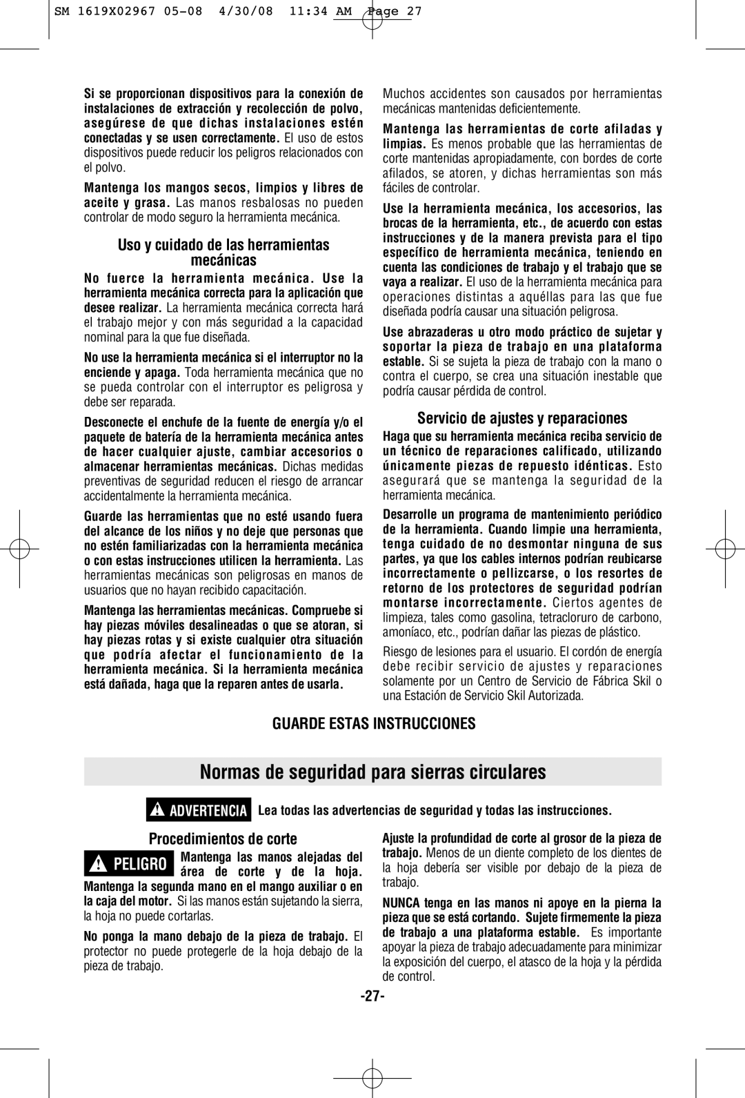 Skil 5680 manual Normas de seguridad para sierras circulares, Mecánicas, Servicio de ajustes y reparaciones 