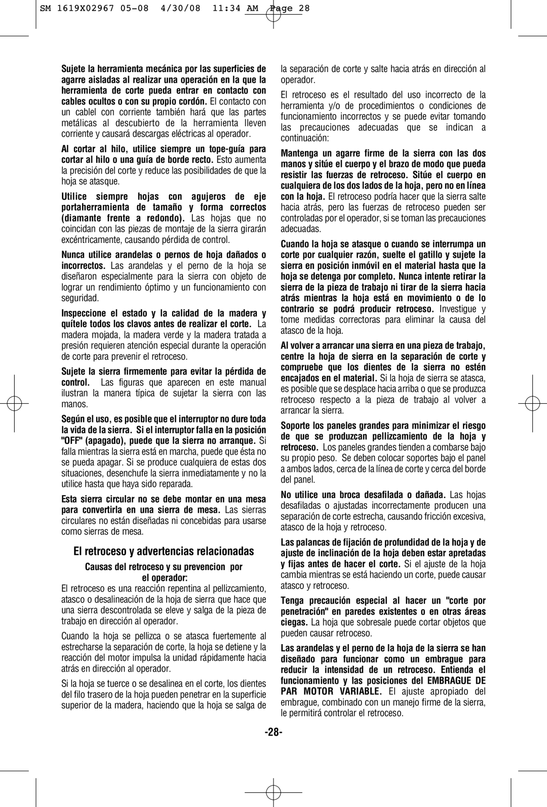 Skil 5680 manual El retroceso y advertencias relacionadas, El operador 