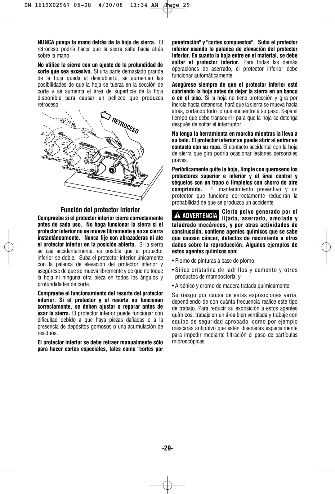 Skil 5680 manual Función del protector inferior, Cierto polvo generado por el 