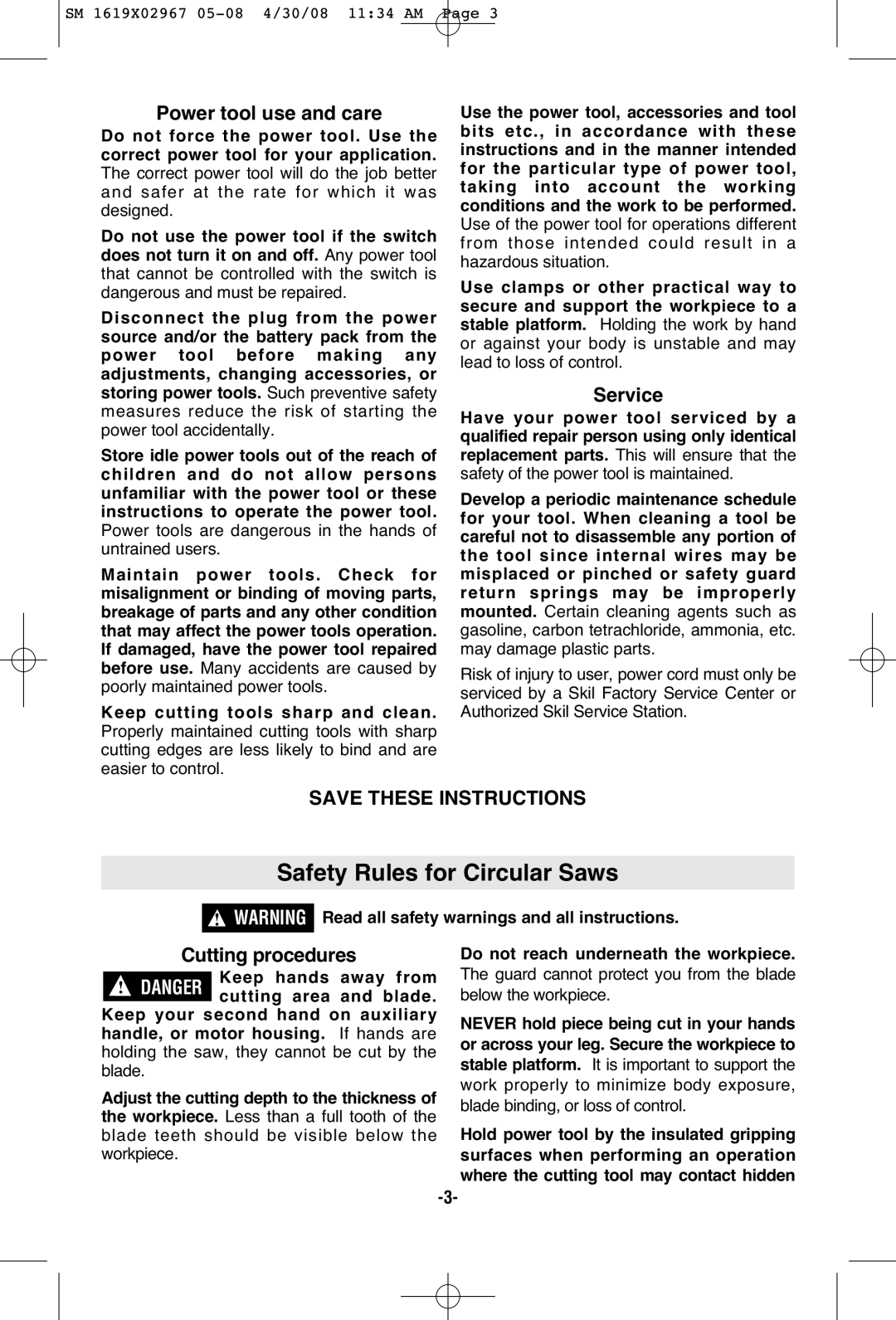 Skil 5680 manual Safety Rules for Circular Saws, Power tool use and care, Service, Ures 