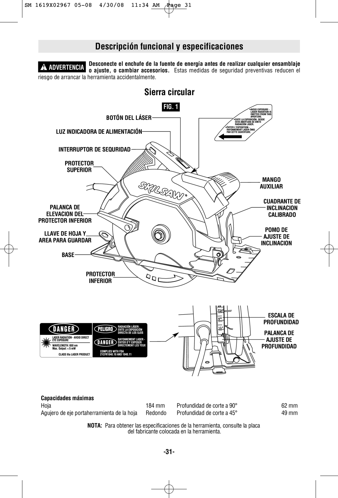 Skil 5680 manual Descripción funcional y especificaciones, Sierra circular, Capacidades máximas 