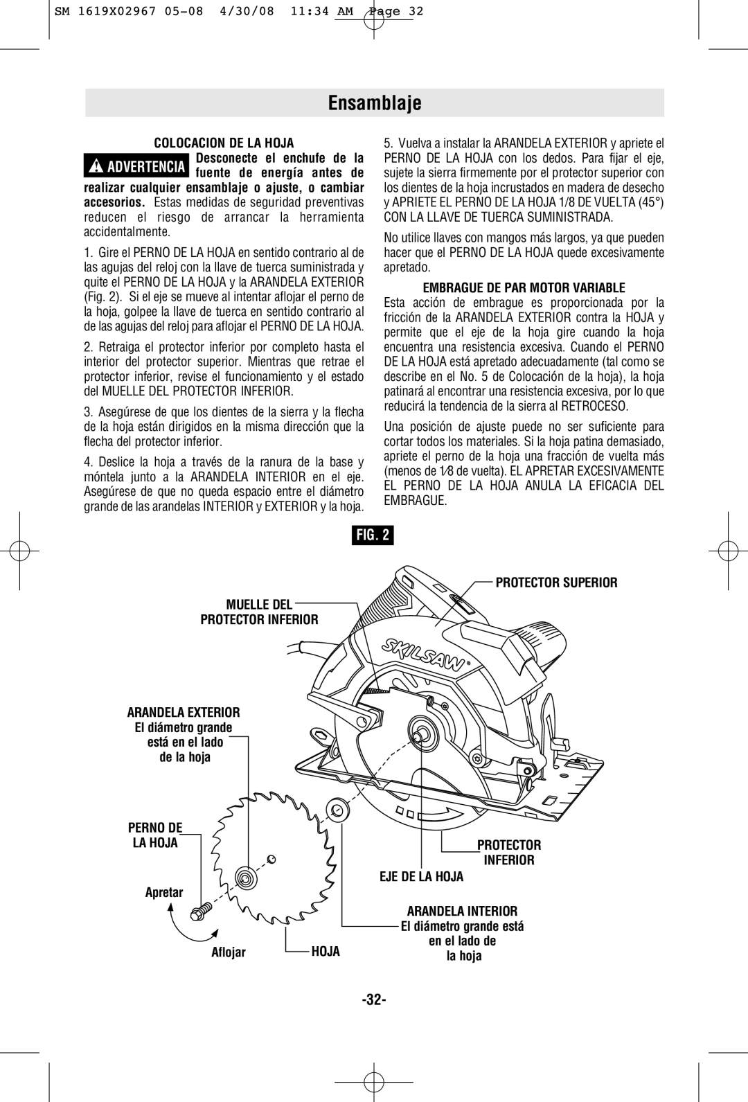 Skil 5680 manual Ensamblaje, Colocacion DE LA Hoja, Embrague DE PAR Motor Variable, Protector Inferior EJE DE LA Hoja 