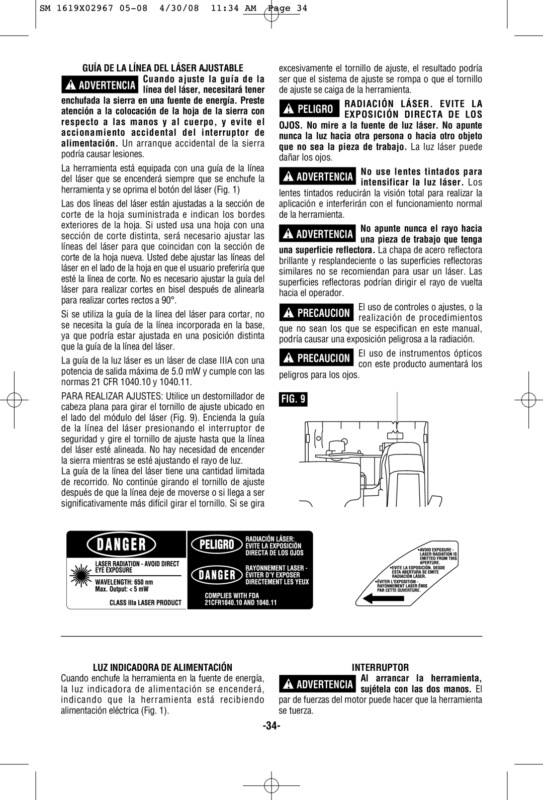 Skil 5680 manual Peligro Radiación LÁSER. Evite LA Exposición Directa DE LOS, Interruptor 