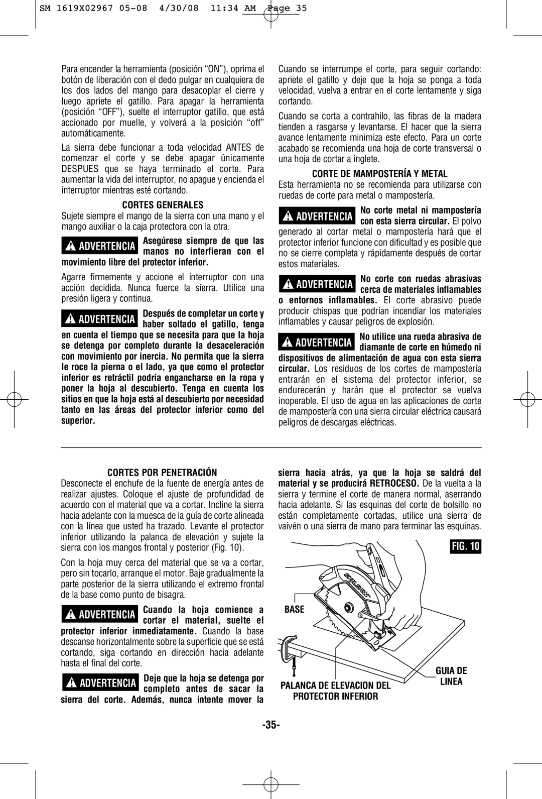 Skil 5680 manual Cortes Generales, Corte DE Mampostería Y Metal, Cortes POR Penetración, Base Guia DE 