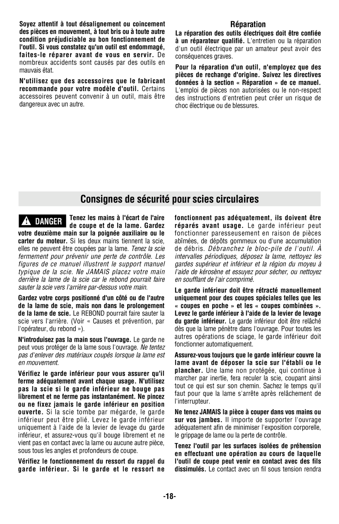 Skil 5850 manual Consignes de sécurité pour scies circulaires, Réparation 