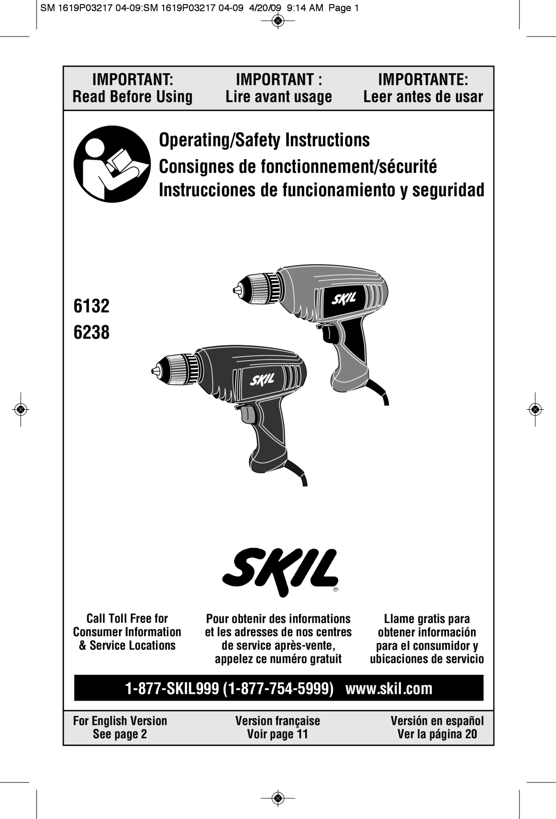 Skil 6238, 6132 manual Leer antes de usar, Call Toll Free for, See Voir Ver la página 