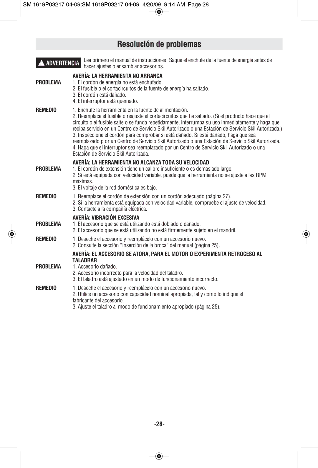 Skil 6132 Resolución de problemas, Avería LA Herramienta no Arranca, Avería LA Herramienta no Alcanza Toda SU Velocidad 