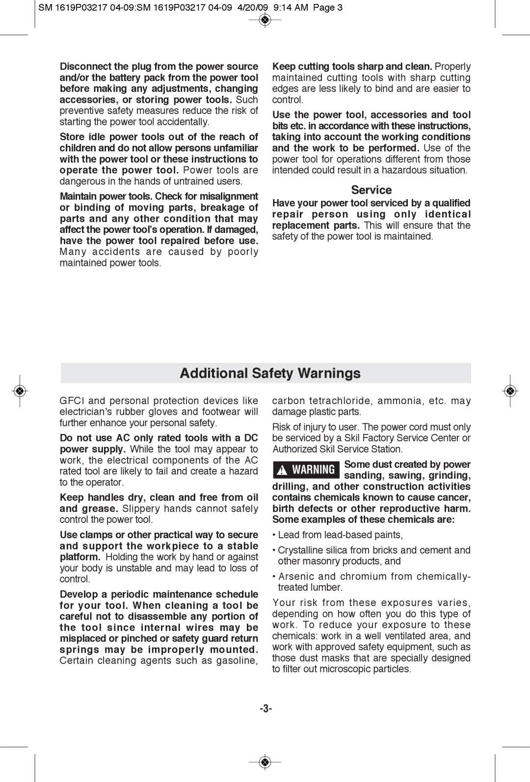 Skil 6238, 6132 manual Additional Safety Warnings, Service, Some dust created by power 