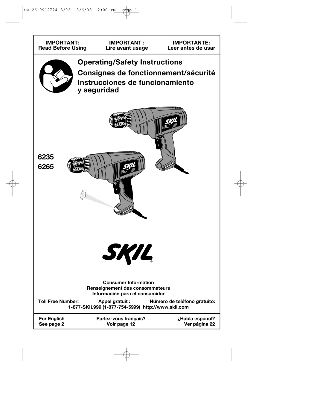 Skil 6265 manual Operating/Safety Instructions 