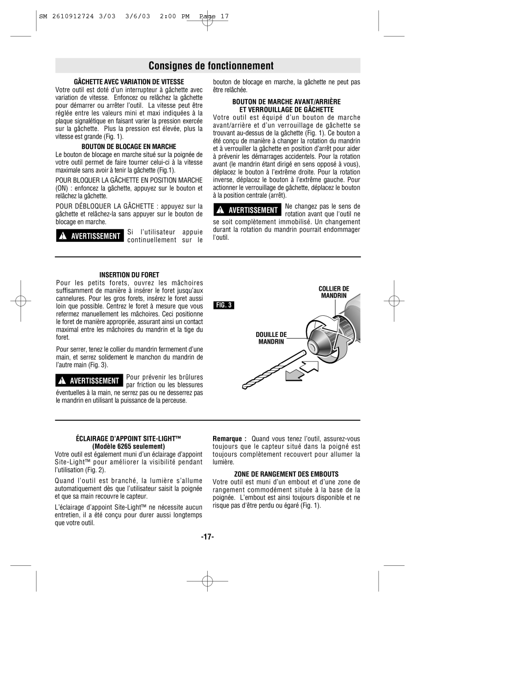 Skil 6265 manual Consignes de fonctionnement 