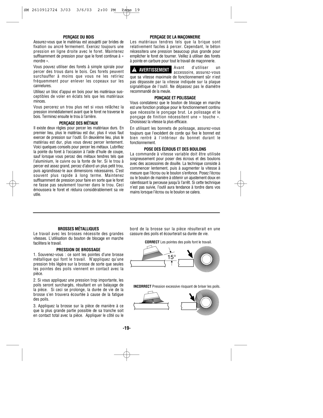 Skil 6265 manual Perçage DU Bois, Perçage DES Métaux, Perçage DE LA Maçonnerie, Ponçage ET Polissage, Brosses Métalliques 