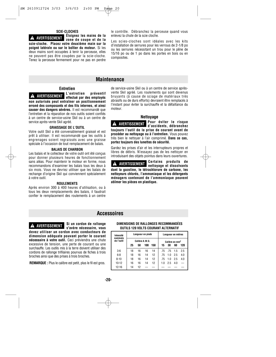 Skil 6265 manual Maintenance, Accessoires, Entretien, Nettoyage 