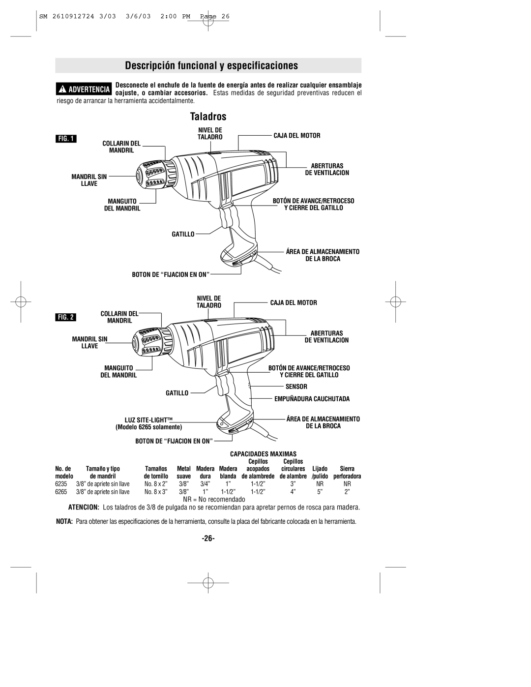 Skil 6265 manual Descripción funcional y especificaciones, Taladros, Riesgo de arrancar la herramienta accidentalmente 