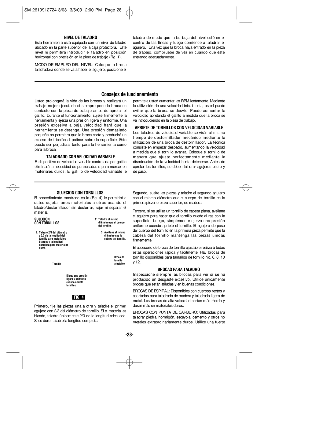 Skil 6265 manual Consejos de funcionamiento, Nivel DE Taladro, Taladrado CON Velocidad Variable, Sujecion CON Tornillos 