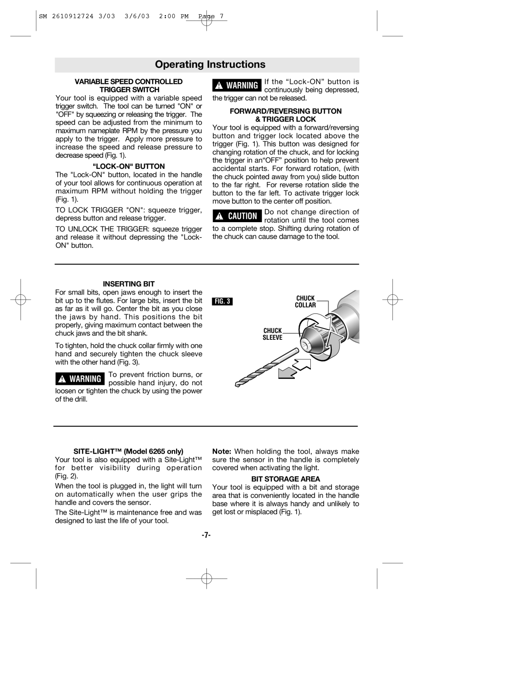 Skil 6265 manual Operating Instructions, Variable Speed Controlled Trigger Switch 