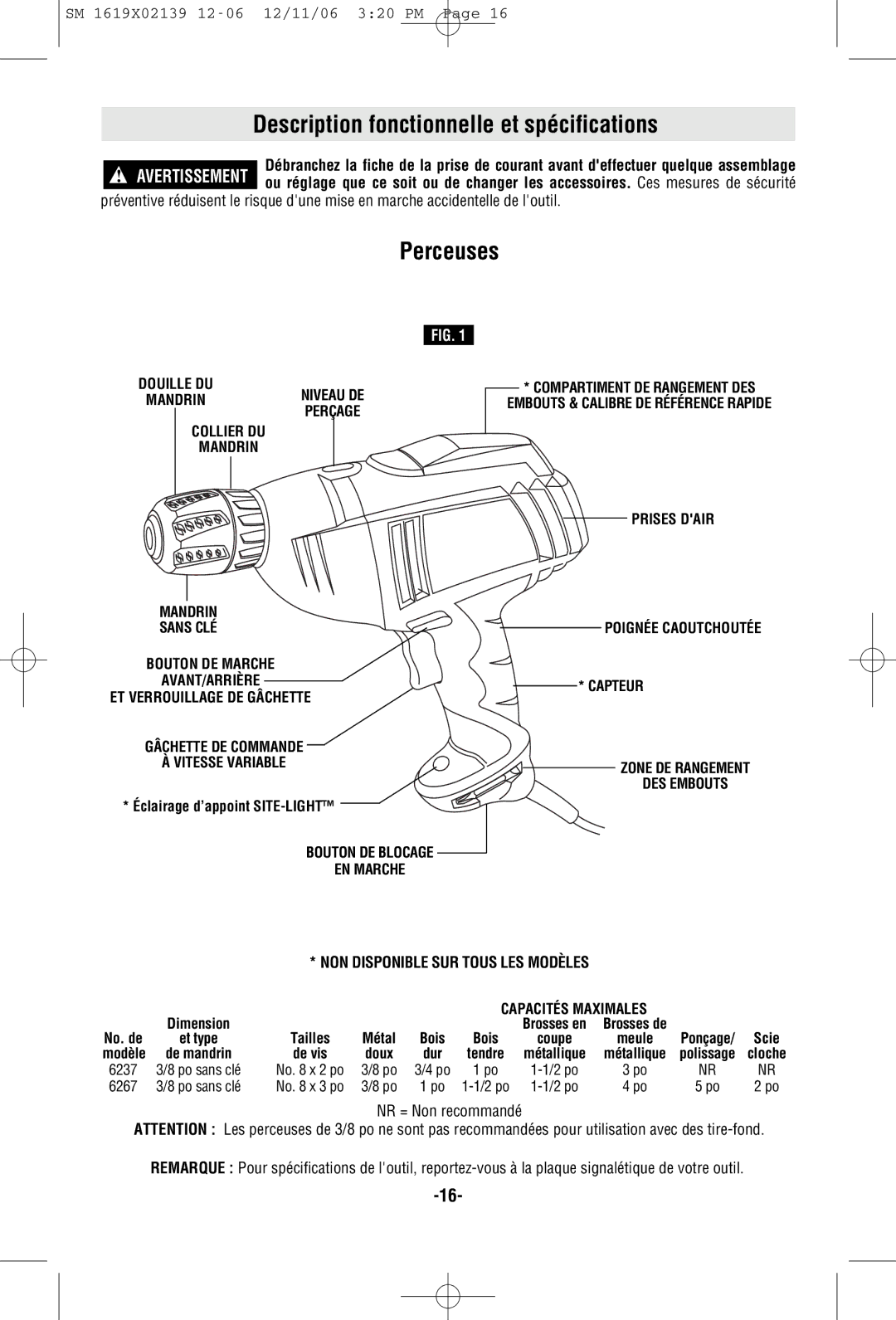 Skil 6267 manual Description fonctionnelle et spécifications, Perceuses, NON Disponible SUR Tous LES Modèles 
