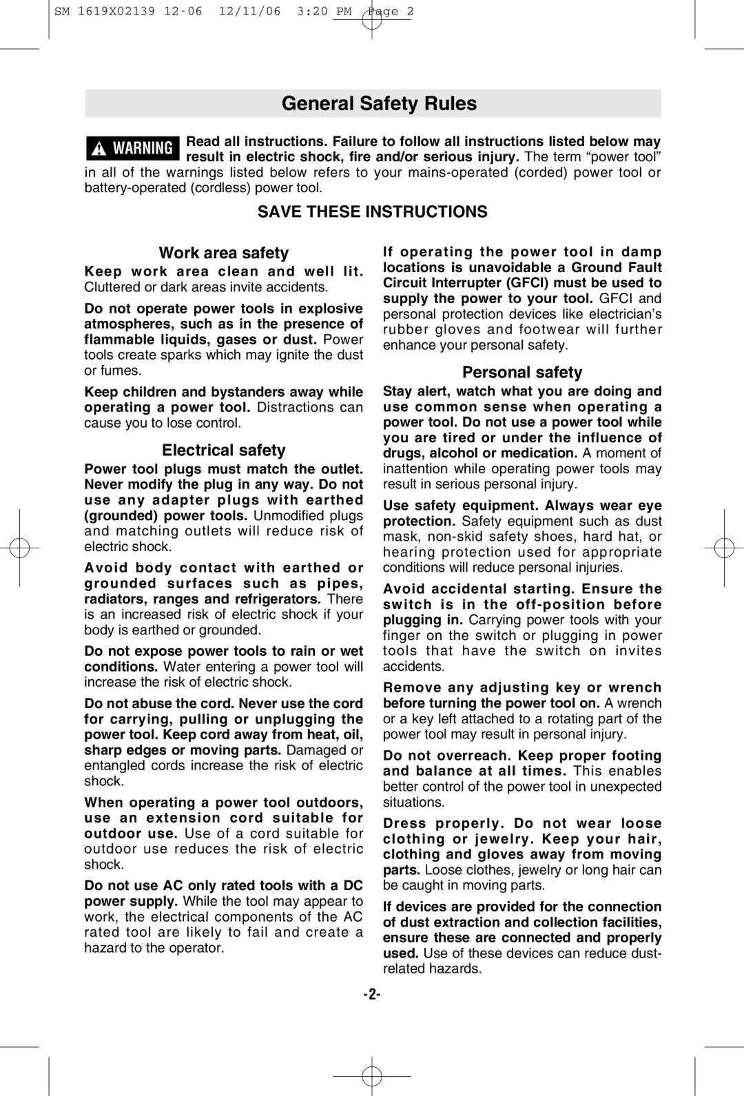 Skil 6267 manual General Safety Rules, Work area safety, Electrical safety, Personal safety 