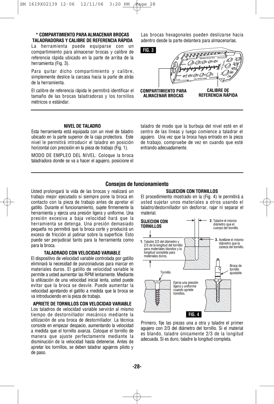 Skil 6267 manual Consejos de funcionamiento, Nivel DE Taladro, Sujecion CON Tornillos 