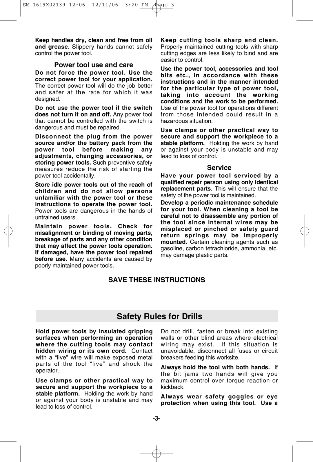 Skil 6267 manual Safety Rules for Drills, Power tool use and care, Service 