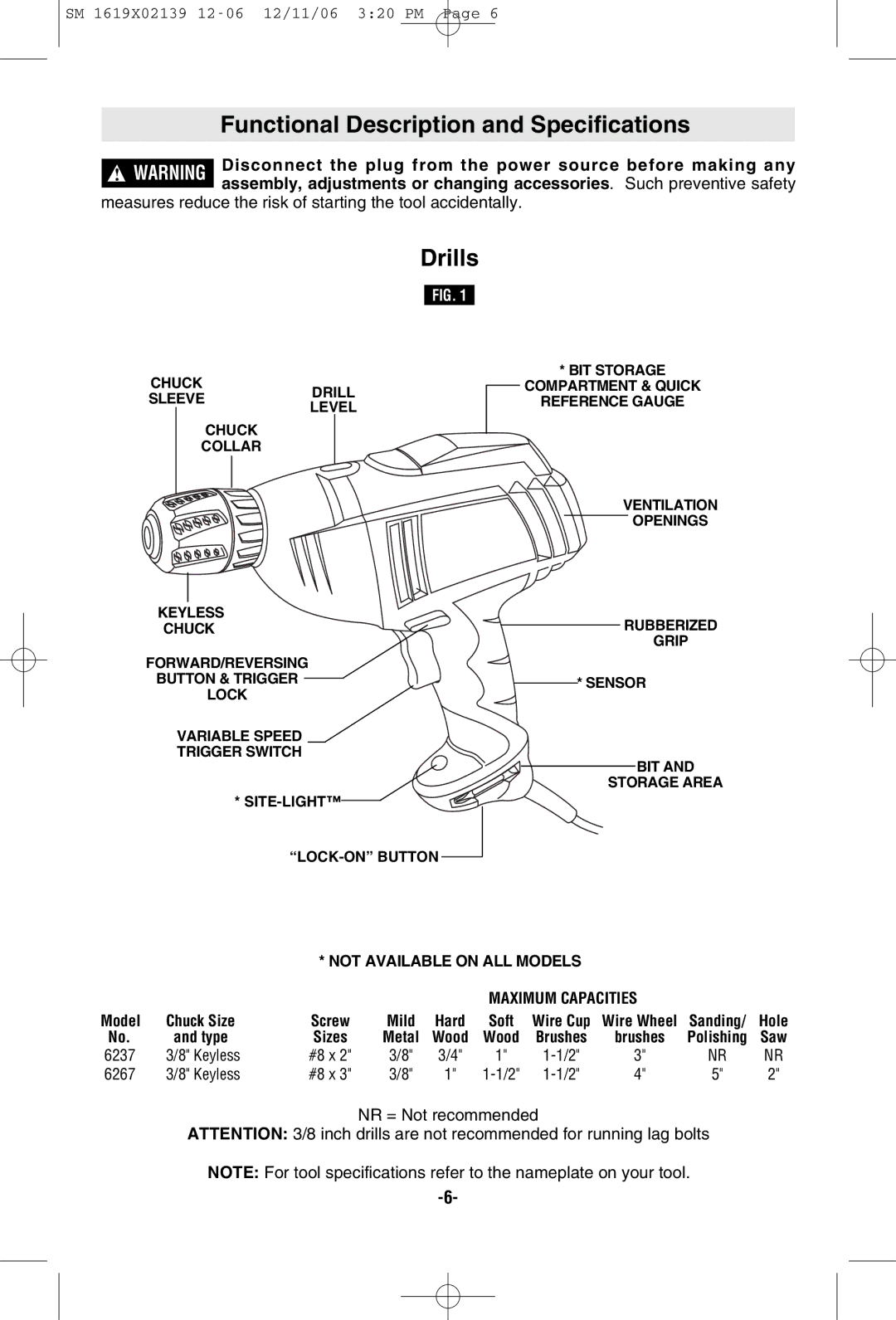 Skil 6267 manual Functional Description and Specifications, Drills 