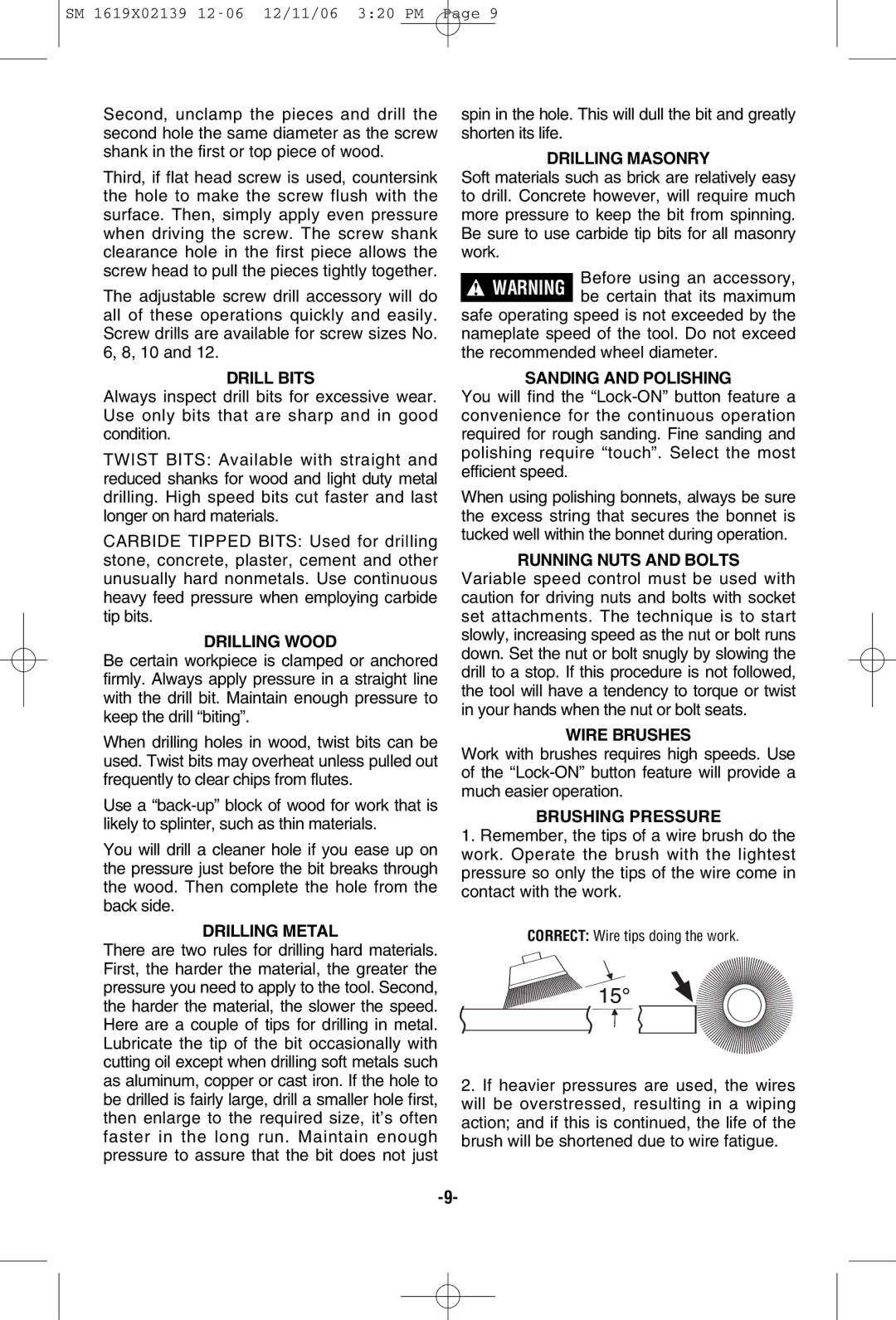 Skil 6267 manual Drill Bits, Drilling Wood, Drilling Metal, Drilling Masonry, Sanding and Polishing, Running Nuts and Bolts 