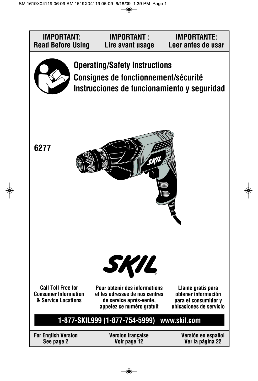 Skil 6277 manual Leer antes de usar, Call Toll Free for, See Voir Ver la página 